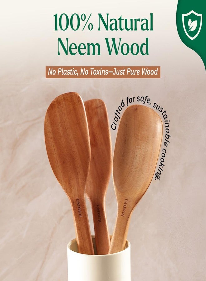 Ember Cookware طقم ملاعق خشبية من إمبر كوكوير - أدوات طهي من خشب النيم (مجموعة من 3 قطع) | معتمد من هيئة المواصفات والمقاييس الهندية | أدوات مطبخ صديقة للبيئة ومتينة | مقاومة للحرارة ولا تخدش - Image 3